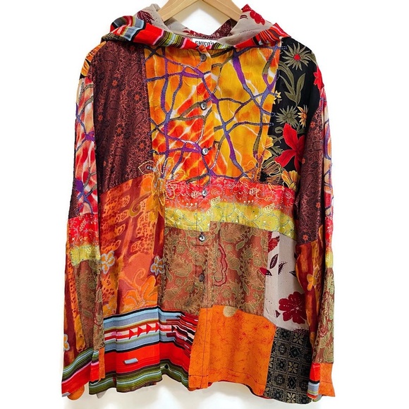 Vintage Patchwork‎ Art-to-Wear Hooded Jacket, Maximalist Chico's Travelers - Picture 3 of 14